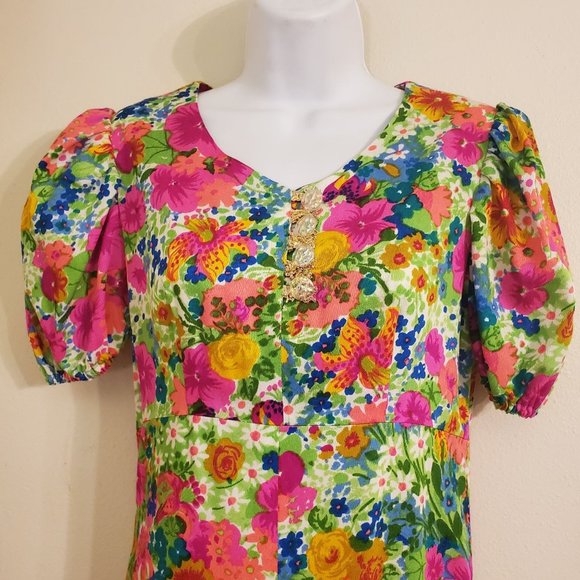 Vintage Maxi Dress Bright Floral Print V Neck Long Modest Cosplay Costume - Picture 4 of 5